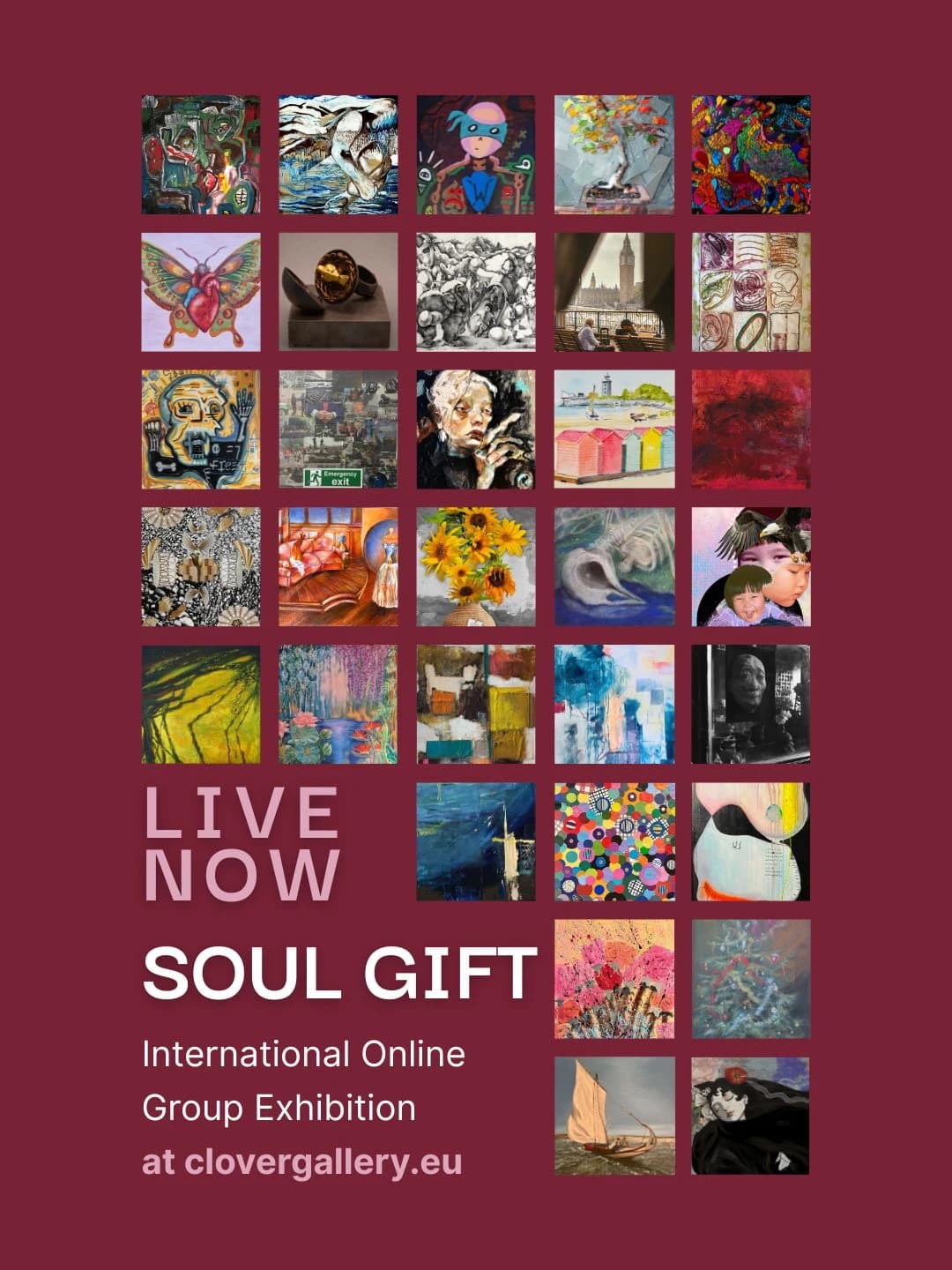 Soul Gift international online group exhibition poster with a collage of participating artworks