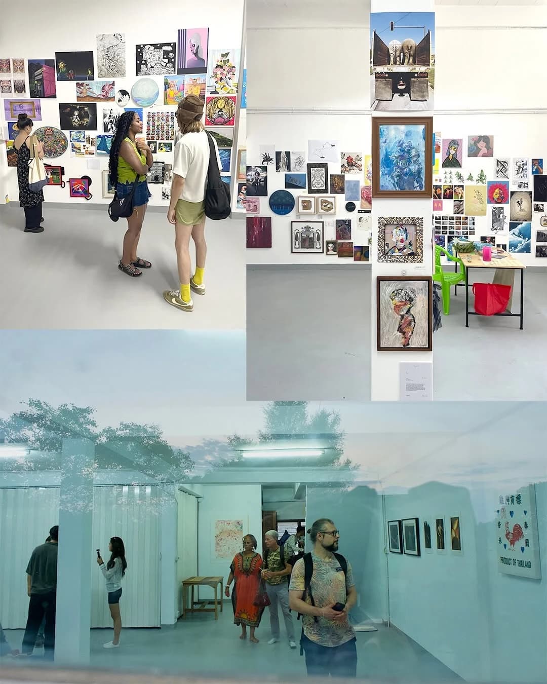 A collage of visitors viewing densely hung exhibition walls at Hechyeomoyeo 13