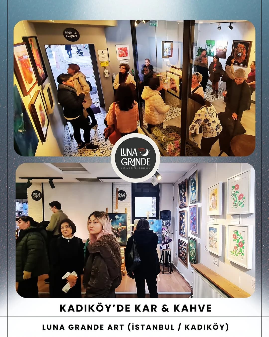 A collage of visitors and exhibition rooms at Luna Grande Art in Istanbul