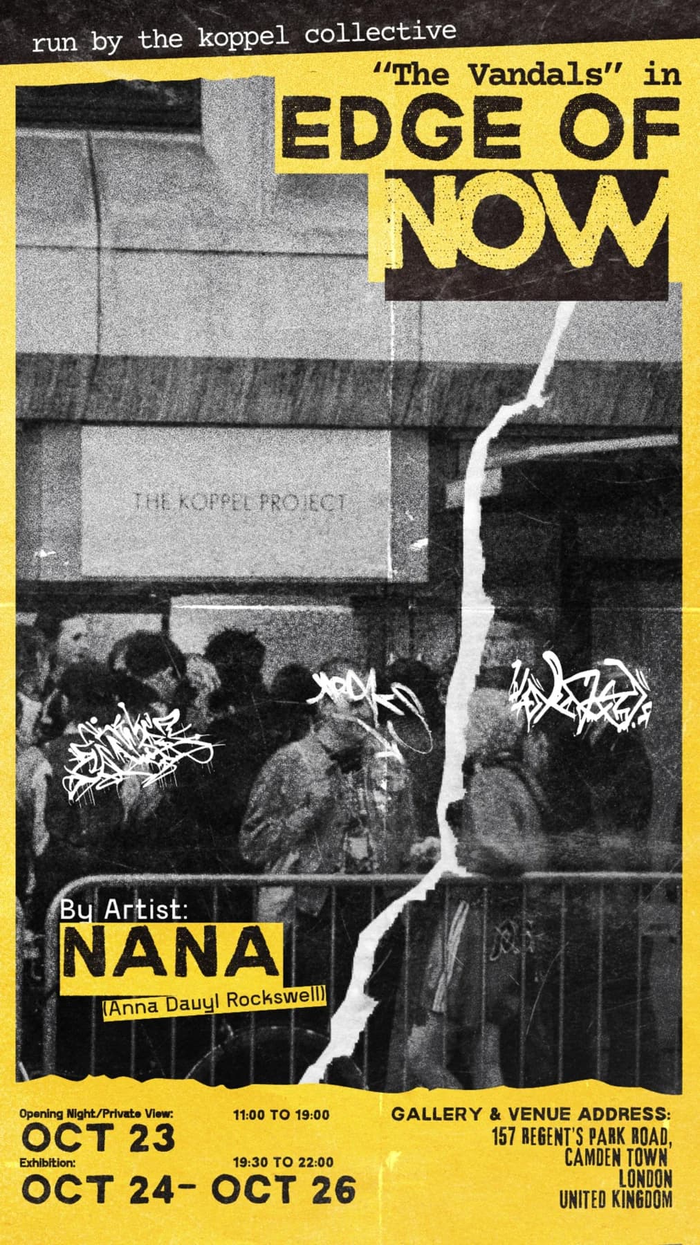 Black and yellow Edge of Now exhibition poster naming NANA